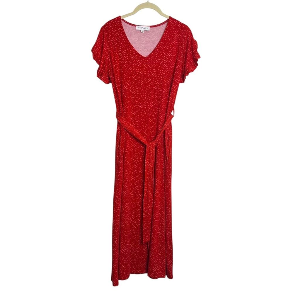 Merrick White Red Polka Dot Midi Dress L V-Neck Ruffle Sleeve Pockets Tie Waist